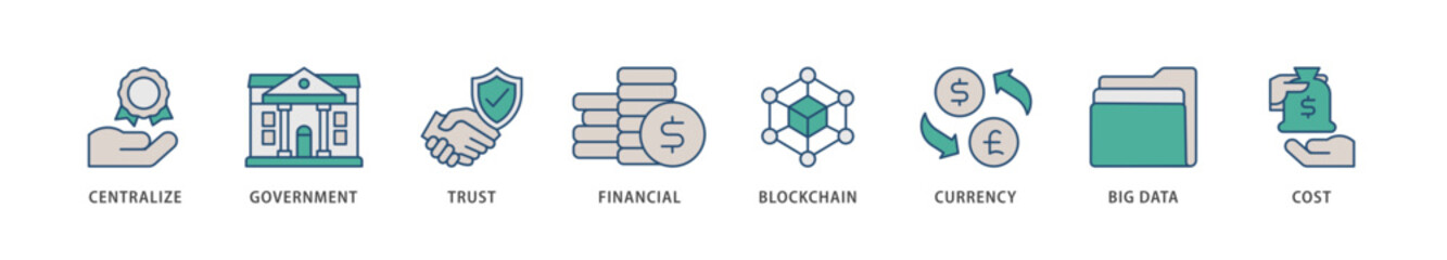 Cbdc icons set collection illustration of centralize, government, trust, financial, blockchain, currency, big data and cost icon live stroke and easy to edit 