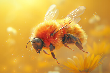 Illustration of a fluffy bee with transparent wings collecting flower pollen against a bright yellow background, 3d, illustration