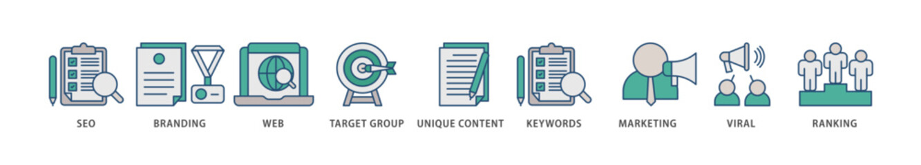Content is king icons set collection illustration of seo, branding, web, target group, unique content, keywords, marketing, viral and ranking icon live stroke and easy to edit 