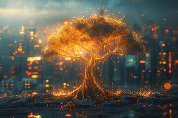 Fototapeta premium Illustration of beautiful glowing tree or plant growing on cities representing digital technology in studio, 3d, illustration