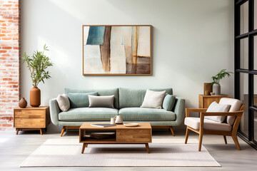 Fototapeta premium Sofa and armchair against wall with poster frame. Scandinavian home interior design of modern living room.