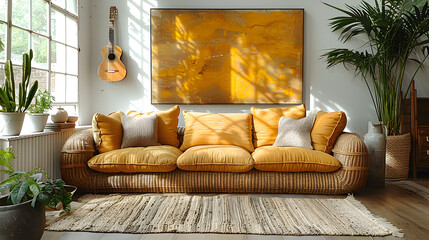 Yellow painting and lamp in modern living room interior with grey corner sofa.