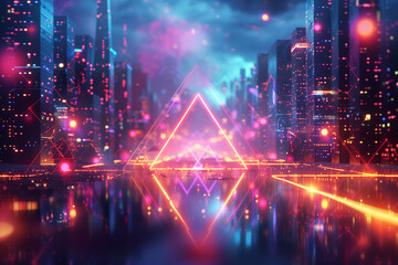 Abstract illustration of geometric shapes and structures in colorful neon colors and lights in cyberspace against dark background, 3d, illustration