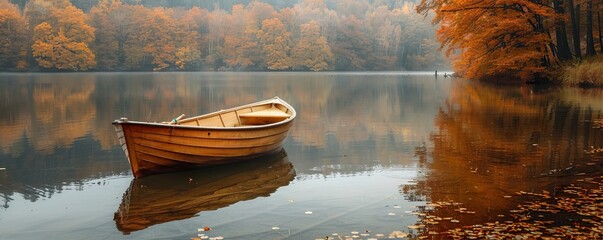Rowing Boat in a Peaceful Lake Surrounded by Autumn Trees.
