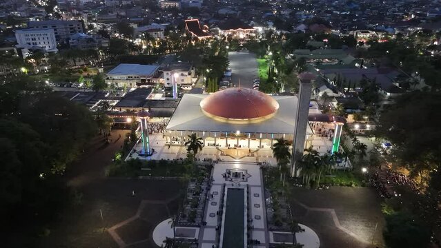View of the Sabilal Muhtadin Grand Mosque in the city of Banjarmasin, South Kalimantan from a drone