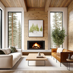 Obraz premium Scandinavian home interior design of modern living room in chalet in forest.