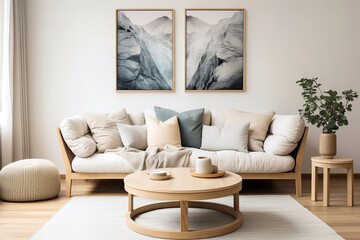 Round wooden coffee tbale near wooden sofa with beige pillows. Scandinavian home interior design of modern living room.