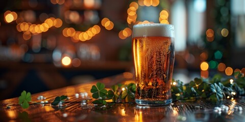 Pint of beer on bar with festive clovers and lights