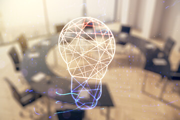 Double exposure of creative light bulb hologram on a modern meeting room background, research and...
