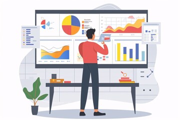 Conference Business Meeting Presentation: CEO Businessman Shows Data to Group of Investors, Businesss people. Projector Screen Shows Graphs, Product Sales, Revenue Growth Strategy, e-Commerce Analysis