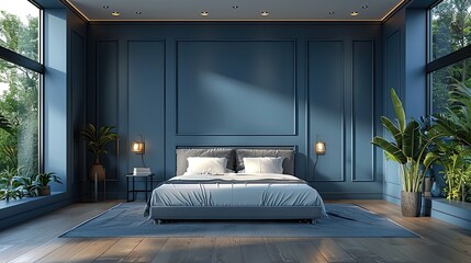 Dark bed and mockup dark blue wall in bedroom interior