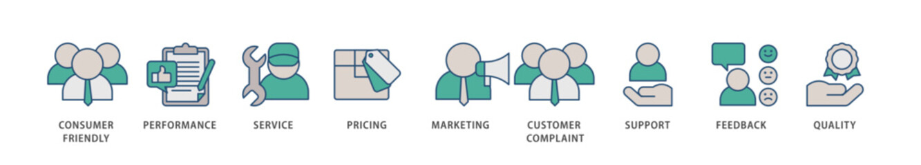 Customer satisfaction icons set collection illustration of consumer friendly, performance, service, pricing, marketing, customer complaint icon live stroke and easy to edit 