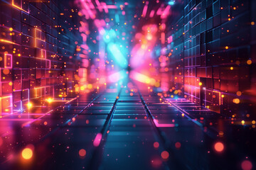 Abstract illustration of geometric shapes and structures in colorful neon colors and lights in cyberspace against dark background, 3d, illustration