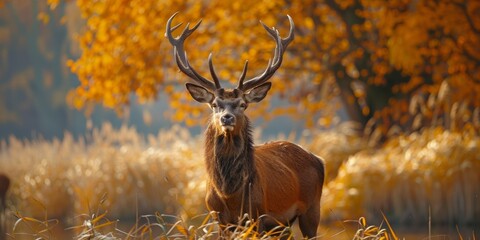 Red Deer bellowing among does and reeds in Autumn
