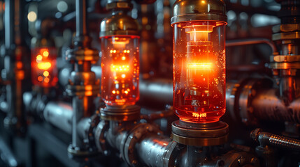 Illuminated industrial pipes and valves with glowing lights.