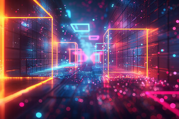 Obraz premium Abstract illustration of geometric shapes and structures in colorful neon colors and lights in cyberspace against dark background, 3d, illustration