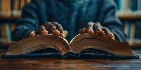 close-up of a black anonymous person hands gently turning the pages of an open book on table with a...