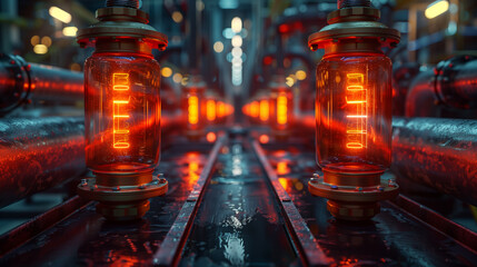 Futuristic glowing digit tubes in an industrial setting.