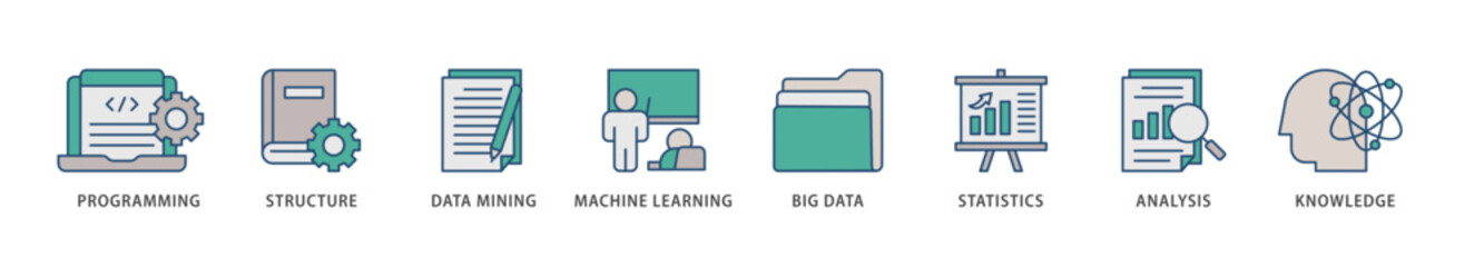 Data science icons set collection illustration of data, classification, analyze, statistics, solving, decision and knowledge icon live stroke and easy to edit 