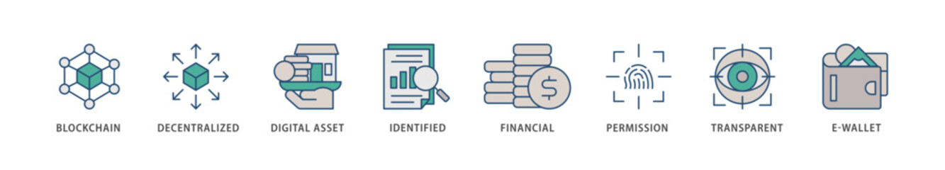Defi icons set collection illustration of blockchain, decentralized, digital assset, identified, financial, permission, transparent and e wallet icon live stroke and easy to edit 