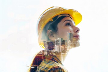 A Side portrait of a young female engineer with a ponytail wears yellow safety hard helmet with double exposure of construction and technology system on face, isolated on white background.