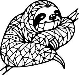 Animal paresseux mandala dessin animé style cartoon pour page ou livre de coloriage pour enfant. Isolé du fond, dessin au trait noir totalement transparent et prêt a colorier et ajuster