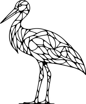 Animal mandala cigogne dessin animé style cartoon pour page ou livre de coloriage pour enfant. Isolé du fond, dessin au trait noir totalement transparent et prêt a colorier et ajuster
