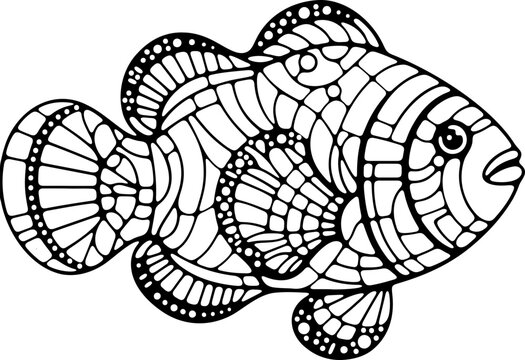 Animal mandala poisson clown dessin animé style cartoon pour page ou livre de coloriage pour enfant. Isolé du fond, dessin au trait noir totalement transparent et prêt a colorier et ajuster