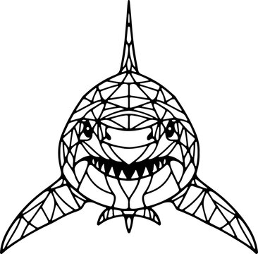Animal mandala requin dessin anim&eacute; style cartoon pour page ou livre de coloriage pour enfant. Isol&eacute; du fond, dessin au trait noir totalement transparent et pr&ecirc;t a colorier et ajuster
