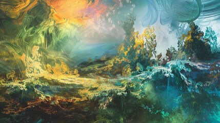 Fototapeta premium Scenic Nature Painting: A panoramic view captures a cave painting amidst lush landscapes, with elements of water, trees, sky, and vibrant seasons