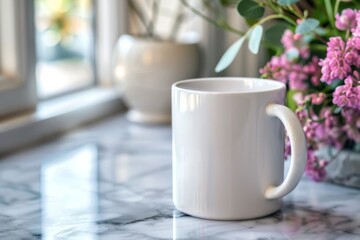 White Blank Mug Mockup in Photographic Scene created with Generative AI