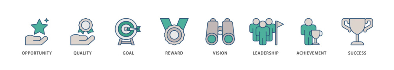 Encourage icons set collection illustration of opportunity, quality, goal, reward, vision, leadership, achievement, success icon live stroke and easy to edit  - obrazy, fototapety, plakaty