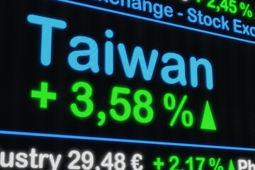 Taiwan stock exchange moving up. Green percentage sign, rising, stock market ticker, information, growth, business concept. 3D illustration