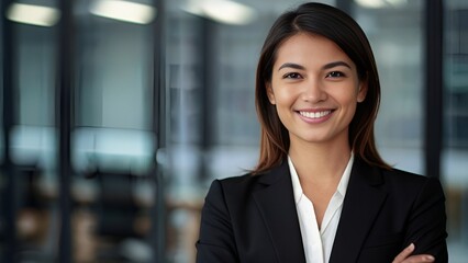 Portrait of a middle-aged businesswoman, Smiling confidently,  CEO, stands in her office with arms crossed. Professional, proud, and confident leader in a black suit.
