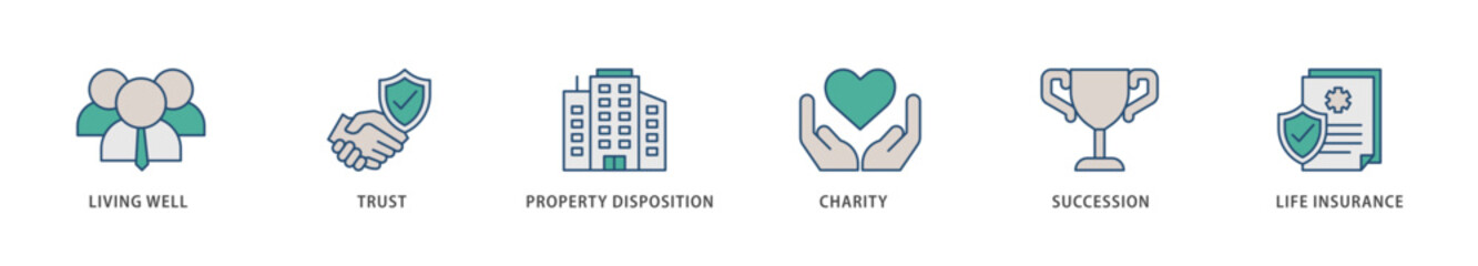 Estate planning icons set collection illustration of living well, trust, property disposition, charity, succession, life insurance icon live stroke and easy to edit 