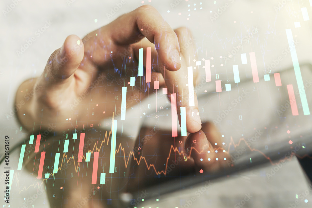 Poster multi exposure of abstract financial diagram and hand working with a digital tablet on background, b