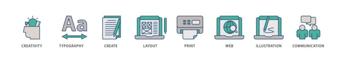 Graphic design icons set collection illustration of creativity, typography, create, layout, print, web, illustration and communication icon live stroke and easy to edit 