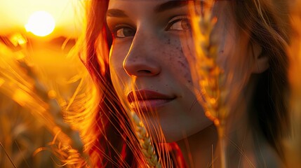 woman close up in wheat field sunset