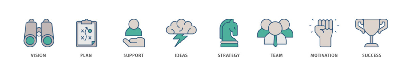 Goals icons set collection illustration of vision, plan, support, ideas, strategy, team, motivation, and success icon live stroke and easy to edit 