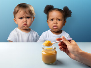 Two unhappy picky babies who don't like the food being offered to them.