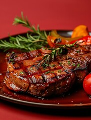 meat dish on red background.
