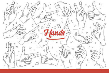 Gesturing hands of person giving non-verbal signal interlocutor. Hands using fingers and palms for demonstrate various gestures to communicate without words or to attract attention. Hand drawn doodle
