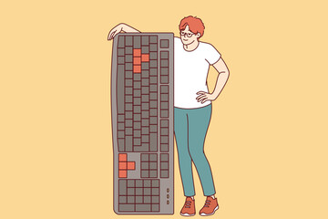 Woman is holding large computer keyboard, encouraging you to become freelancer and work remotely. Girl leans on keyboard to type articles for online magazines or email messages for colleagues.
