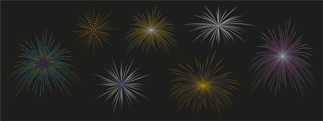 Glowing firework collection. Fireworks isolated on a dark transparent background. Festive fireworks, explosion. Design template for celebrating concept, greeting cards, banners. Vector Illustration.
