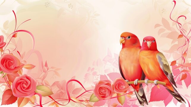 Romantic Red Lovebirds With Roses on Floral Background