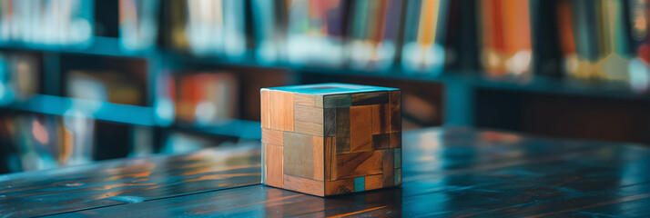 An intriguing wooden puzzle cube rests on a reflective wooden table, integral parts creating a unified whole