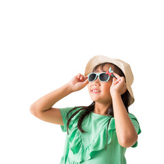 Happy smiling asian little girl were hat and sunglasses posing, Fashion summer holiday concept, Isolated on white background