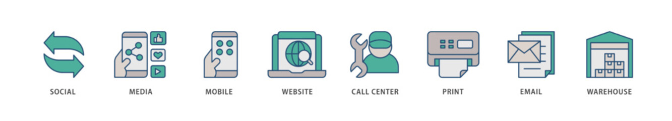 Obraz premium Omnichannel icons set collection illustration of social media, mobile, website, call center, print, email, and warehouse icon live stroke and easy to edit 