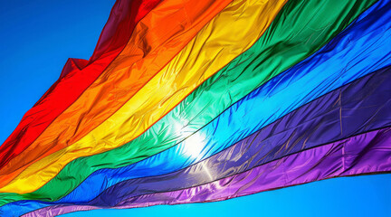 A rainbow flag is flying in the sky. The flag is colorful and has a bright blue sky behind it. The flag is a symbol of pride and unity for the LGBTQ community