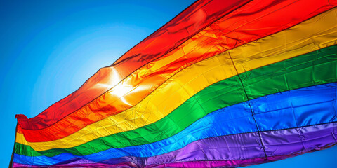 A rainbow flag is flying in the sky. The flag is colorful and vibrant, and it is a symbol of pride and acceptance. The blue sky in the background adds to the overall mood of the image